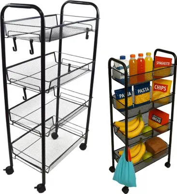 Two black metal rolling carts with multiple shelves, one filled with groceries and the other empty.