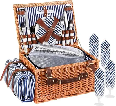 Imagen del producto de Cesta de picnic para 4 personas con un compartimento de enfriamiento grande y aislado, y manta de picnic impermeable. Set de cesta de picnic que incluye 4 juegos de cubiertos y platos. Ideal para picnics, camping, viajes y la playa (azul)