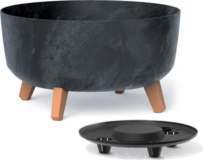 A dark gray planter with three wooden legs and a separate black saucer are shown against a white background.