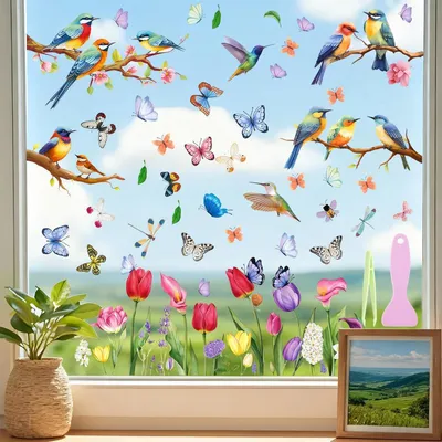 Produktbild von 9 Blatt Fensterbilder Frühling Vogel Blumen Selbstklebend Vogelschutz Kolibri 20x30cm