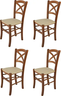 Immagine prodotto di t m c s Tommychairs - Set di 4 sedie CROSS per cucina e sala da pranzo, struttura robusta in legno di faggio laccato nel colore noce chiaro e sedile imbottito rivestito in STOFFA nel colore canapa