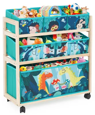 Spielzeug-Organizer mit 6 Boxen, Dino-Motiv, Rollen, 28x64x60 cm