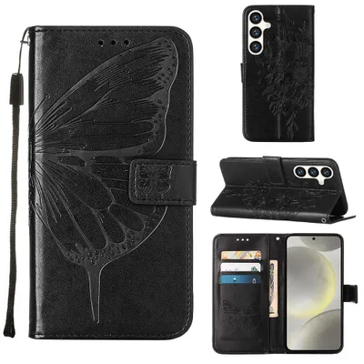 Produktbild von Galaxy S24 Hülle, Schmetterling Prägung Leder Kartenfächer Schutzhülle mit Ständer für Samsung Galaxy S24 Schwarz