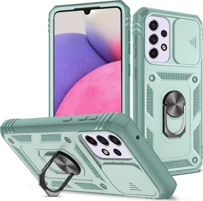 Produktbild von Galaxy A33 5G Hülle, Schiebe Kamera Schutz Robust Schutzhülle mit Ringhalterung Ständer Kartenhalter für Samsung Galaxy A33 5G Grün