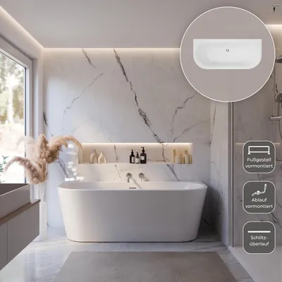 Produktbild von Schulte Badewanne 180x80 cm Komplettset mit vormontierter Schürze, Fußgestell und Ab- und Überlauf, Freistehende Badewanne Rio weiß Acryl