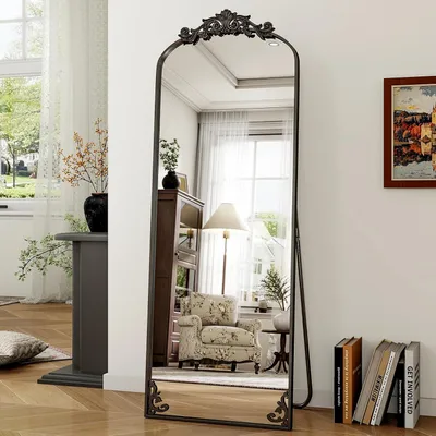 Obrázek produktu pro Zrcadlo stojací, celotělové, rozměry 52 x 163 cm, nerozbitné, elegantní podlahové zrcadlo s krásným retro designem, vhodné do ložnice, chodby, barva: černá