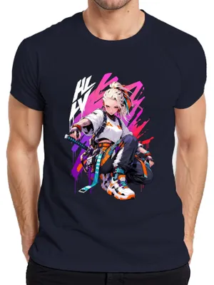 Zdjęcie produktu dla Koszulka męska z motywem cyberpunkowym: anime, katana, streetwear, Japonia, styl Y2K, manga, kolor granatowy, rozmiar L