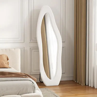 Immagine prodotto di UnboxG Specchio a figura intera irregolare, 160x50 cm, forma organica, specchio da terra e da parete con cornice in flanella, bianco, specchio decorativo per soggiorno e camera da letto