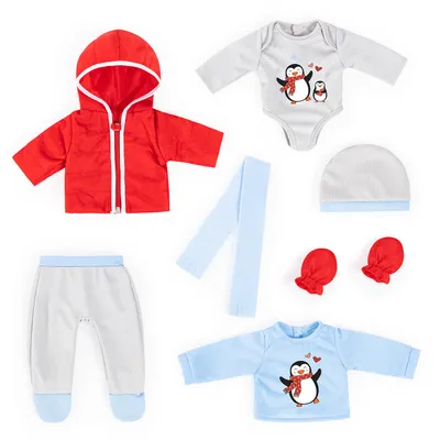 Produktbild von Bayer Design 84200AL Kleiderset für Puppen 38-42cm, 7 Teile, Babypuppen Anziehsachen, rot, blau