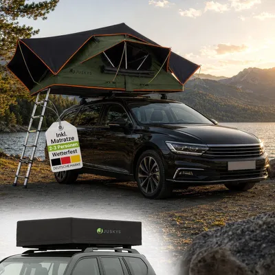 Produktbild von Juskys Autodachzelt Lago 140 x 240 cm - Wetterbeständig mit Leiter - Schwarz / Olivgrün