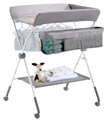 Produktbild von Faltbarer Wickeltisch mit 2 Stoffschubladen, Seitenkorb und Kleiderstange, höhenverstellbare tragbare Wickelkombi mit feststellbaren Rädern, multifunktional für das Kinderzimmer in Hellgrau