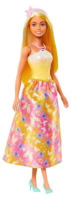 Productafbeelding van Barbie-pop met koninklijk thema, met kleurrijk haar met highlights (goudgeel), een rok met een vlindermotief en bijpassende accessoires