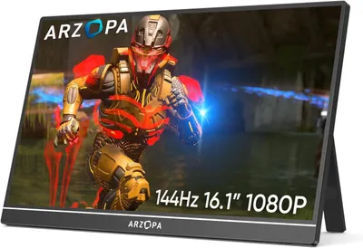 A portable monitor displaying a video game character.