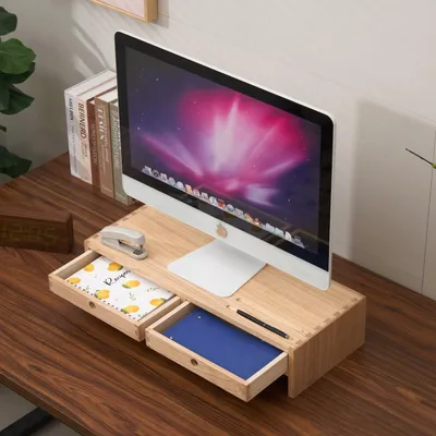 Obrázek produktu pro Omgoods - Dřevěný podstavec pod monitor se dvěma zásuvkami - 60x24x12,5 cm, dřevo paulownia