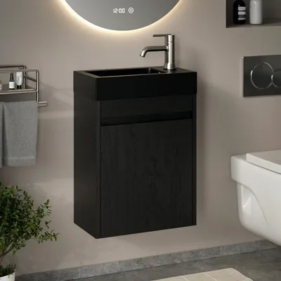 Produktbild von Waschtischunterschrank Elen – 40 cm – Schwarz Eich – Schwarz Waschbecken