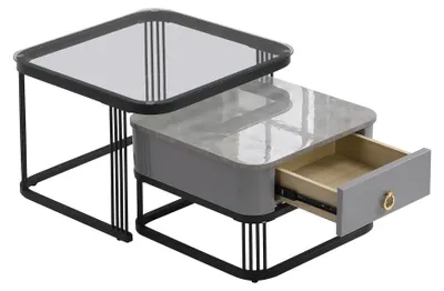 Image de Ensemble de tables basses - Tables d'appoint empilables - Lot de 2 - Aspect marbre - Tiroirs - Accents dorés - MDF noir