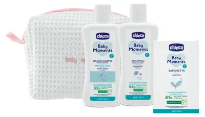 Immagine prodotto di Chicco Baby Moments Bagnoschiuma 200 ml + shampoo 200 ml + sapone delicato 100 g