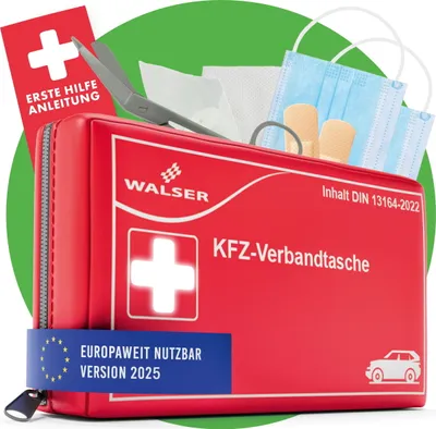 Produktbild von WALSER Erste Hilfe Set Auto 2025, Verbandskasten Auto Auszeichnung *, Auto Verbandskasten 2025, Erste Hilfe Kasten, Verbandskasten Auto 2025, Erste Hilfe Auto, KFZ Verbandkasten DIN 13164 rot