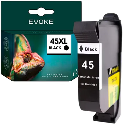 Image de Encres compatibles Evoke pour HP 45, HP45, 51645AE, noir, 40 ml, compatibles avec les modèles : 710C/2C, 720C/2C, 810C/2C/5C, 825C, 840C/1C/2C/3C, 880C/2C, 890C, 895Cxi, 920C, 930C/2C/5C, 940, 950C/2C/9C, 960C, 970C, 980Cxi, 990Cxi, 995C, 1220C, 1280, 3820, 6122/27, 9300 ; K60, K80, G55, G85, G95 ; 500, 750, 950