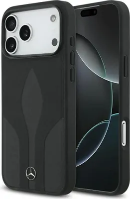 A black iPhone case with a Mercedes-Benz logo is shown next to an iPhone.
