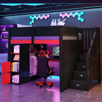 Produktbild von Flieks Etagenbett 140x200cm mit Led, Hochbett mit Schreibtisch und USB, Kinderbett Jugendbett mit Kleiderstange und Stauraum, Holzbett Schwarz Rot