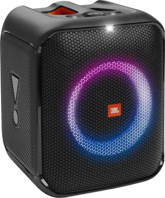 A black JBL PartyBox Encore Essential speaker with a colorful light ring.