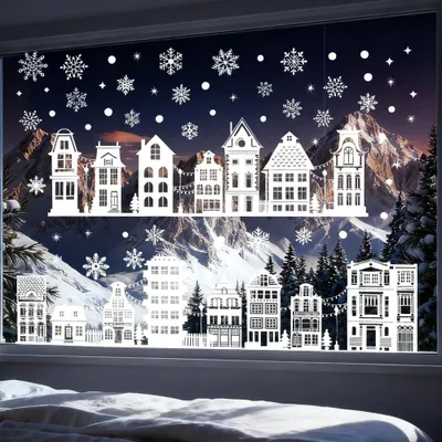 Weihnachts-Fensteraufkleber 72x30 cm, Winter-Straßenszene, wiederverwendbar