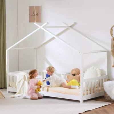 Produktbild von FCH Kinderbett 90x190cm mit Rausfallschutz und Lattenrost, Hausbett aus Weiß lackiertem Holz, Bodenbett für Kinderzimmer