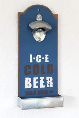 Produktbild von Wandflaschenöffner mit Kronkorkenbehälter 20003 Bieröffner 32 cm Flaschenöffner /  Produktart: Blau Ice cold beer