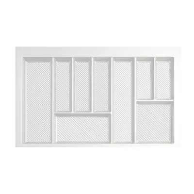Produktbild von Besteckkasten für 80 cm Schublade Weiß – Zuschneidbar (B: 69-75 cm x T: 42-49 cm) – Besteckeinsatz 9 Fächer – Anti-Rutsch Riffelboden