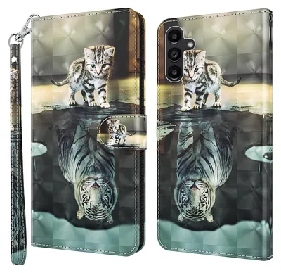 Produktbild von CLM-Tech Hülle kompatibel mit Samsung Galaxy A34 5G - Tasche aus Kunstleder - Klapphülle mit Ständer und Kartenfächern, Katze Tiger grau