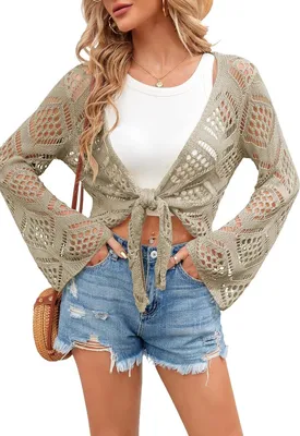 Produktbild von Damen Sommercardigan mit V-Ausschnitt, im Boho-Stil – Oversized, gestrickt – Khaki