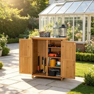 Productafbeelding van Tuinkast 75 x 40 x 90 cm van dennenhout, geel, met 2 deuren, 3 legplanken, ruime opbergruimte, verzinkt metalen dak en verhoogde poten