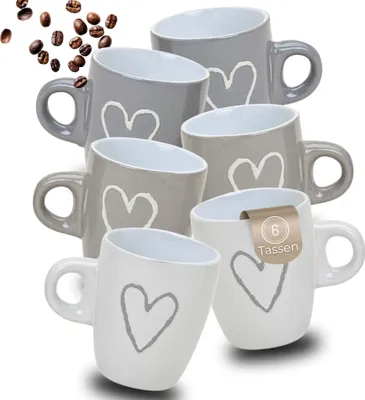 Productafbeelding van Espressokopjes met hartdecor, set van 6, dikwandige keramiek, 50 ml