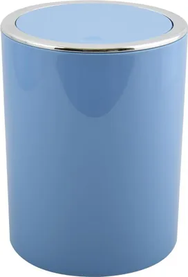 A pastel blue trash can with a silver rim and lid.