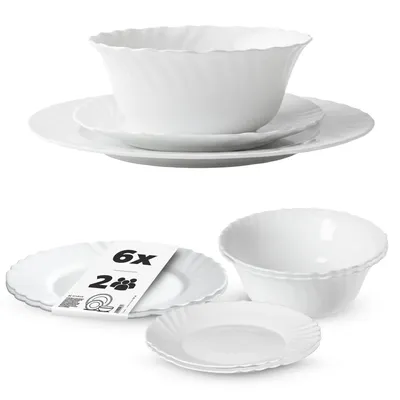 Produktbild von KADAX Geschirrservice 6-teilig, Geschirrset für 2 Personen, Tafelservice mit Müslischale, Dessertteller & Speiseteller, Tellerset aus Opalglas, Geschirr Set (Weiß)