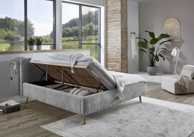 Produktbild von Meise Möbel Stauraumbett Mattis 160x200 cm | Doppelbett | Bettkasten & Lattenrost (Federholzrahmen) | Strukturstoff Grau | Holzfuß eichefarbig