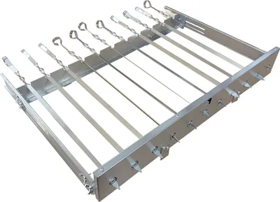 A stainless steel rotisserie spit holder with multiple skewers, presented against a white background.