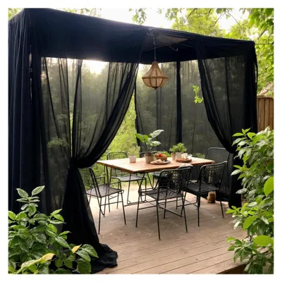 Produktbild von Transparente Outdoor-Vorhänge Wetterfest 2 Stück Voile Gardinen Sonnenschutz Winddicht Außenvorhang Für Balkon Terrasse Wasserdicht, Schwarz, 160x213cm
