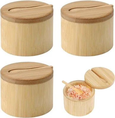 Produktbild von Set aus 3 Salzbehältern – Bambus – mit Deckel und Löffel – ideal zur Aufbewahrung von Gewürzen