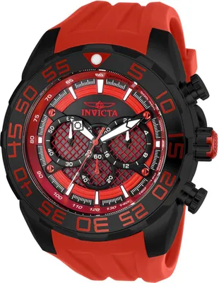 A close-up studio shot of a red and black Invicta Speedway chronograph watch.