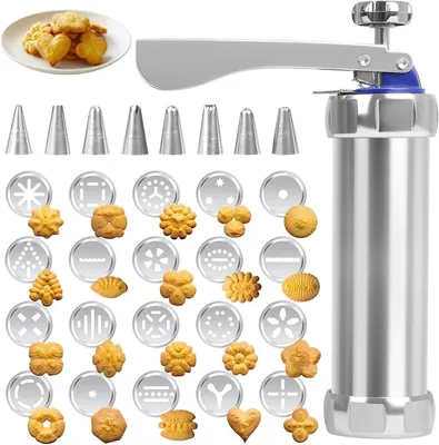 Produktbild von Profi Edelstahl-Gebäckpresse & -Garnierspritze mit 20 Schablonen und 8 Tüllen
