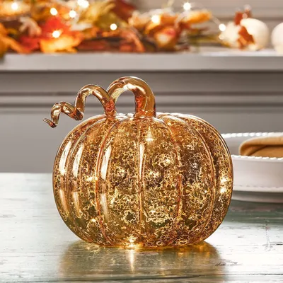 Productafbeelding van Glazen Pompoen Decoratie - Herfst Tafelstuk - Sfeervol Huis - Handgemaakt Uniek Design - 16.5 cm Hoog - Amber