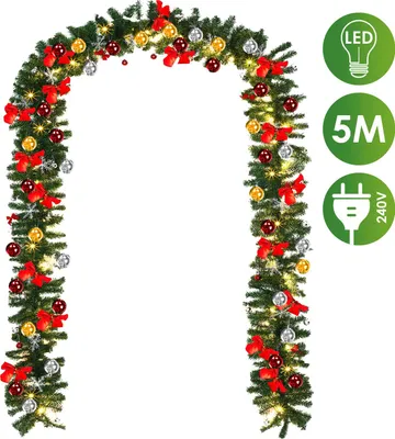 Produktbild von Ikodm Künstliche Weihnachtsgirlande, 5 m, 100 warmweiße LED, mit Weihnachtsdekoration, für Tür Fenster Treppe Kamin Geländer