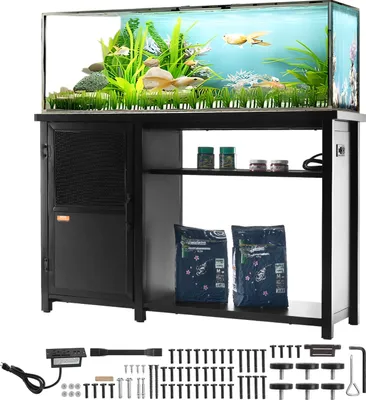 Image de Support pour aquarium VEVOR, support pour réservoir à poissons de 75 gallons, 132 x 50 x 82 cm Support pour réservoir à tortues en acier et MDF, capacité de charge de 284 kg, support pour réservoir à reptiles avec armoire de stockage & bloc d'alimentation intégré