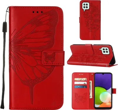 Produktbild von Galaxy A22 4G Hülle, Schmetterling Prägung Flip Leder Kartenfächer Schutzhülle Ledertasche mit Ständer für Samsung Galaxy A22 4G Rot