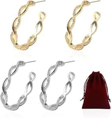 Immagine prodotto di Set di due orecchini a cerchio in argento, con diamanti – gioielli eleganti per donne e ragazze, ideali anche come regalo