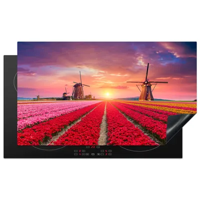 Produktbild von KitchenYeah© Herdabdeckplatte Mühle - Blumen - Sonnenuntergang - Niederländisch , 91x52cm, Küche Deko, Glaskeramikkochfeld Herdabdeckung, Abdeckplatte fùr Kochfeld