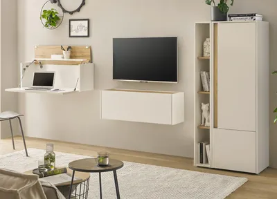 Produktbild von Wohnwand mit Sekretär Center in weiß und Wotan Eiche Wohnkombination 310 cm