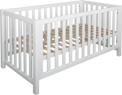Produktbild von Bubema Nils classic  Babybett aus massiver Buche umwandelbar in Sofa, inkl. Rollrost, Größe: 70x140 cm, Farbe: Weiß lackiert
